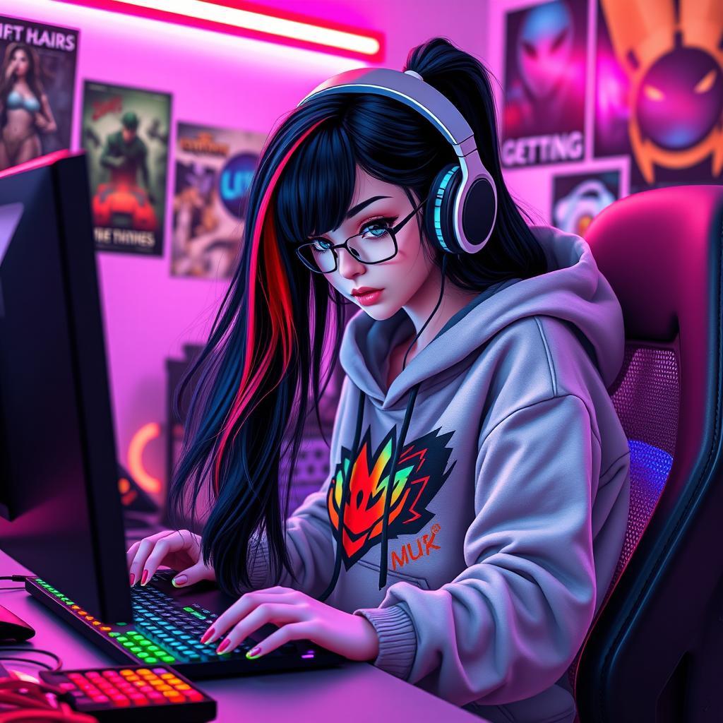 A stylish teen gamer e-girl with long black hair featuring striking red highlights, focused intently on programming at her modern computer setup