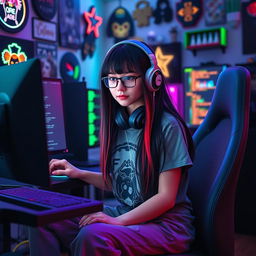 A focused teen gamer e-girl with long black hair featuring striking red highlights, programming on her computer