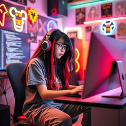 A focused teen gamer e-girl with long black hair featuring striking red highlights, programming on her computer