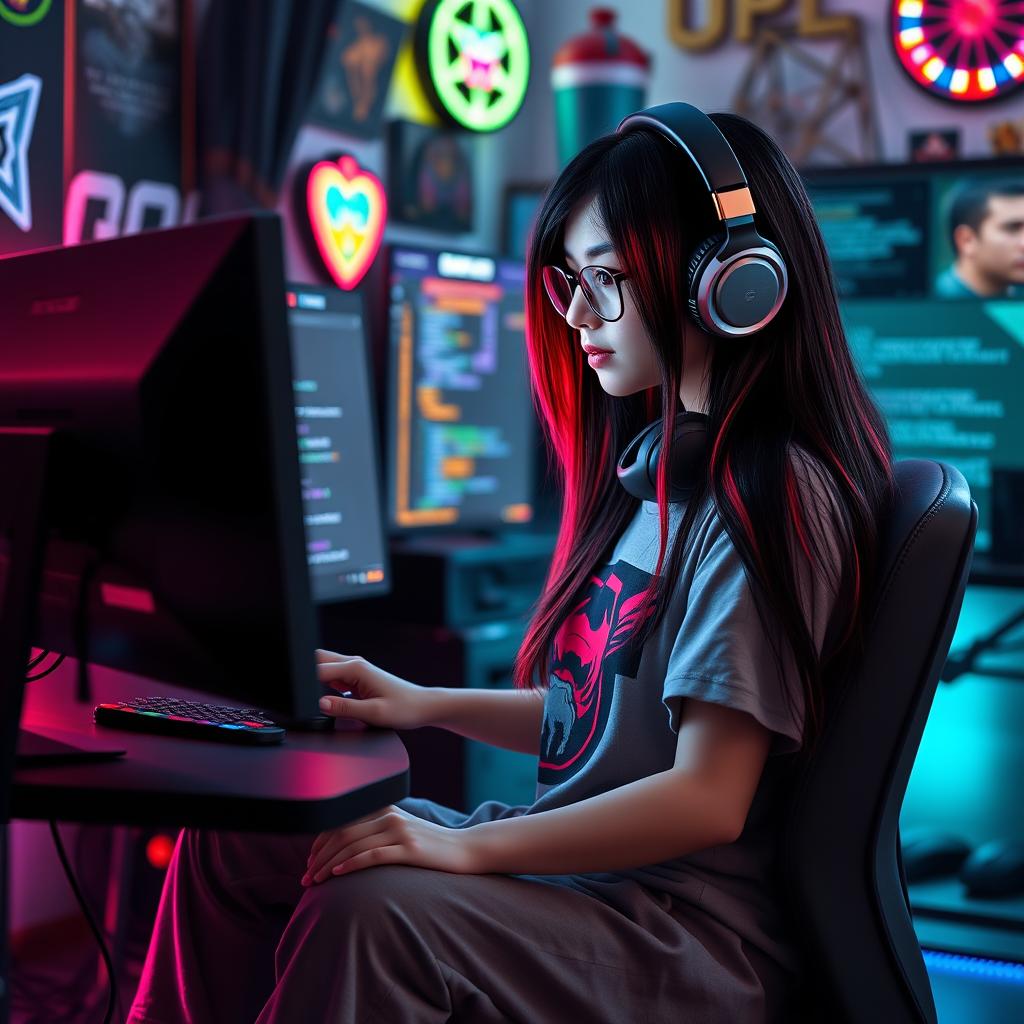 A focused teen gamer e-girl with long black hair featuring striking red highlights, programming on her computer