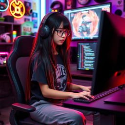 A focused teen gamer e-girl with long black hair featuring striking red highlights, programming on her computer