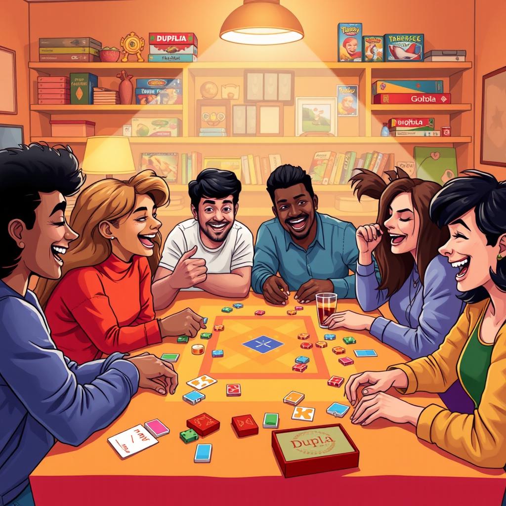 A vibrant and dynamic illustration depicting a lively board game night featuring a diverse group of friends sitting around a table, fully engaged in playing Dupla games