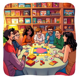 A vibrant and dynamic illustration depicting a lively board game night featuring a diverse group of friends sitting around a table, fully engaged in playing Dupla games