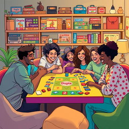 A vibrant and dynamic illustration depicting a lively board game night featuring a diverse group of friends sitting around a table, fully engaged in playing Dupla games