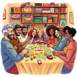 A vibrant and dynamic illustration depicting a lively board game night featuring a diverse group of friends sitting around a table, fully engaged in playing Dupla games