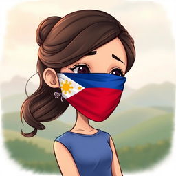 A realistic cartoon depiction of a Filipino girl, elegantly styled, with a national flag covering her mouth and blindfolding her eyes