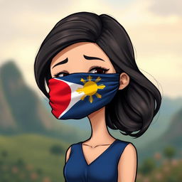 A realistic cartoon depiction of a Filipino girl, elegantly styled, with a national flag covering her mouth and blindfolding her eyes