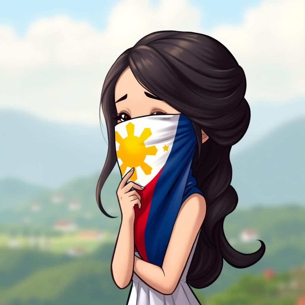 A realistic cartoon depiction of a Filipino girl, elegantly styled, with a national flag covering her mouth and blindfolding her eyes