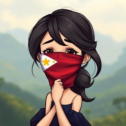 A realistic cartoon depiction of a Filipino girl, elegantly styled, with a national flag covering her mouth and blindfolding her eyes