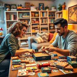 A vibrant, dynamic scene showcasing a duo engaged in a competitive tabletop game