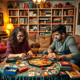 A vibrant, dynamic scene showcasing a duo engaged in a competitive tabletop game