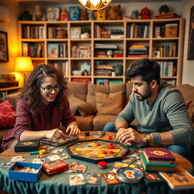 A vibrant, dynamic scene showcasing a duo engaged in a competitive tabletop game