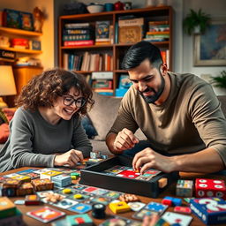 A vibrant, dynamic scene showcasing a duo engaged in a competitive tabletop game