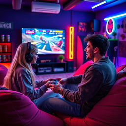 An exciting and intense scene of a duo playing video games together