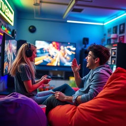 An exciting and intense scene of a duo playing video games together