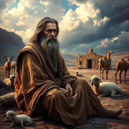 A beautifully detailed scene depicting Job, the biblical figure known for his patience and faith, seated in a desolate landscape