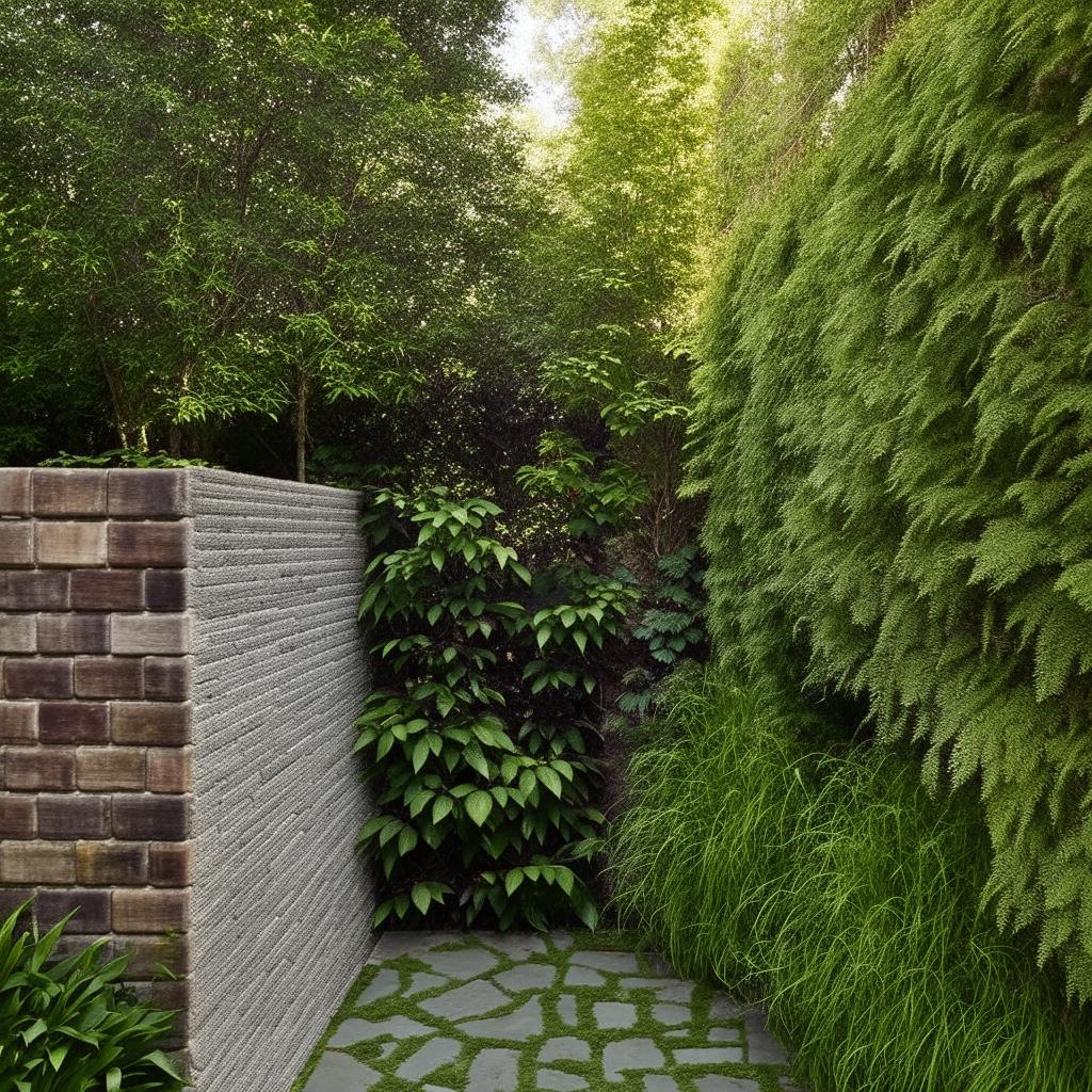 A lush backyard with a relaxing waterfall nestled in a corner, and a decorative wall featuring rustic brick tiles.