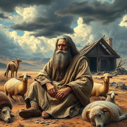 A beautifully detailed scene depicting Job, the biblical figure known for his patience and faith, seated in a desolate landscape