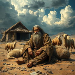A beautifully detailed scene depicting Job, the biblical figure known for his patience and faith, seated in a desolate landscape