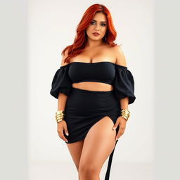 A woman with striking red hair that flows elegantly down her shoulders, slightly plump with a healthy and attractive figure, boasting beautifully tanned skin