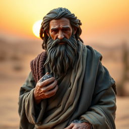 A miniature figure of Job from the Bible, depicted with a weathered face that conveys wisdom and patience