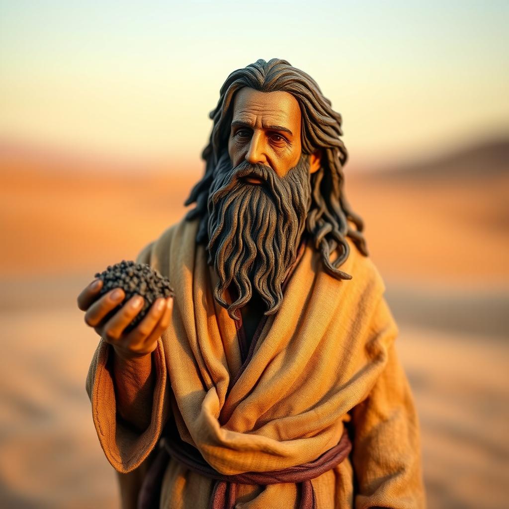 A miniature figure of Job from the Bible, depicted with a weathered face that conveys wisdom and patience