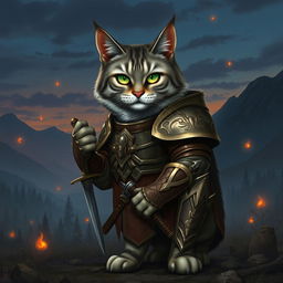 A majestic warrior cat in a detailed armor, standing proudly on a battlefield