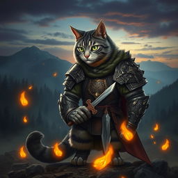 A majestic warrior cat in a detailed armor, standing proudly on a battlefield