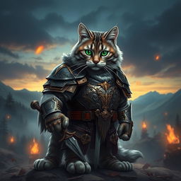 A majestic warrior cat in a detailed armor, standing proudly on a battlefield