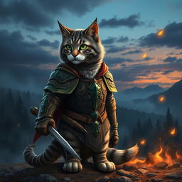 A majestic warrior cat in a detailed armor, standing proudly on a battlefield