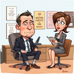 A caricature of a job interview scene featuring a clueless man with a blank expression, seated across from an interviewer who looks surprised