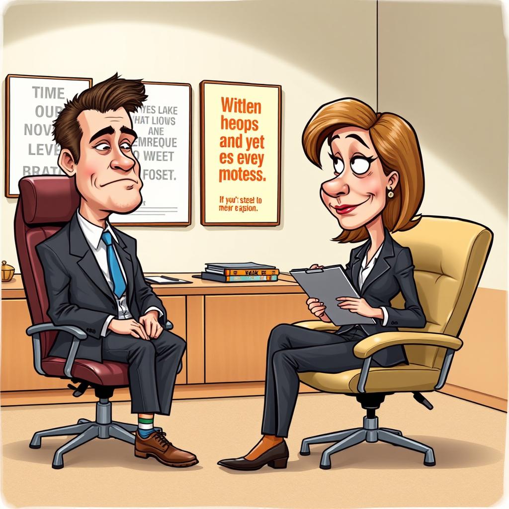 A caricature of a job interview scene featuring a clueless man with a blank expression, seated across from an interviewer who looks surprised