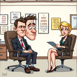 A caricature of a job interview scene featuring a clueless man with a blank expression, seated across from an interviewer who looks surprised