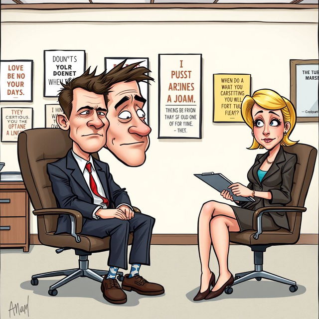 A caricature of a job interview scene featuring a clueless man with a blank expression, seated across from an interviewer who looks surprised
