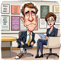A caricature of a job interview scene featuring a clueless man with a blank expression, seated across from an interviewer who looks surprised