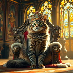A majestic cat sitting regally on a throne, wearing a golden crown adorned with jewels