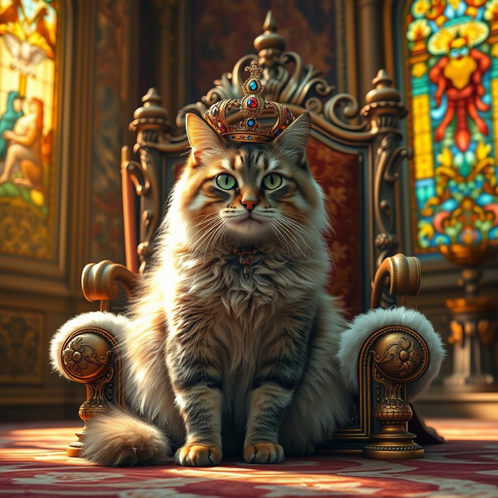 A majestic cat sitting regally on a throne, wearing a golden crown adorned with jewels