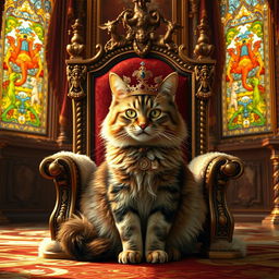 A majestic cat sitting regally on a throne, wearing a golden crown adorned with jewels