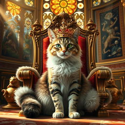 A majestic cat sitting regally on a throne, wearing a golden crown adorned with jewels