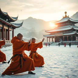 A serene winter scene at the Shaolin Temple in China, showcasing dedicated monks practicing martial arts
