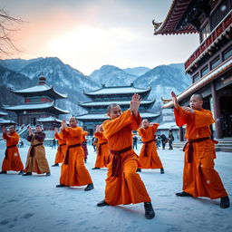 A serene winter scene at the Shaolin Temple in China, showcasing dedicated monks practicing martial arts