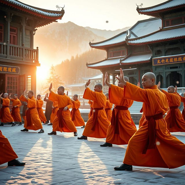 A serene winter scene at the Shaolin Temple in China, showcasing dedicated monks practicing martial arts