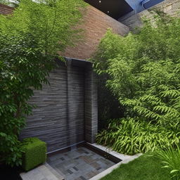 A lush backyard with a relaxing waterfall nestled in a corner, and a decorative wall featuring rustic brick tiles.