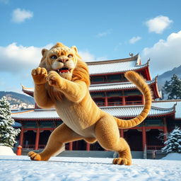 A majestic lion practicing martial arts in the serene and ancient Shaolin Temple in China, surrounded by snow-covered landscapes