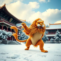 A majestic lion practicing martial arts in the serene and ancient Shaolin Temple in China, surrounded by snow-covered landscapes