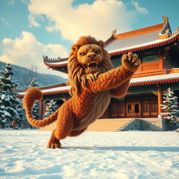 A majestic lion practicing martial arts in the serene and ancient Shaolin Temple in China, surrounded by snow-covered landscapes