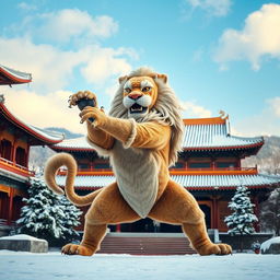 A majestic lion practicing martial arts in the serene and ancient Shaolin Temple in China, surrounded by snow-covered landscapes