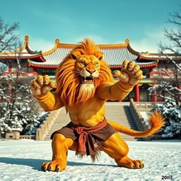 A fierce and powerful lion practicing martial arts in the iconic Shaolin Temple in China, depicted amidst a snowy landscape