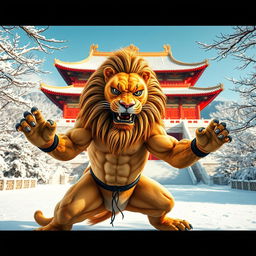 A fierce and powerful lion practicing martial arts in the iconic Shaolin Temple in China, depicted amidst a snowy landscape