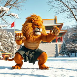 A fierce and powerful lion practicing martial arts in the iconic Shaolin Temple in China, depicted amidst a snowy landscape
